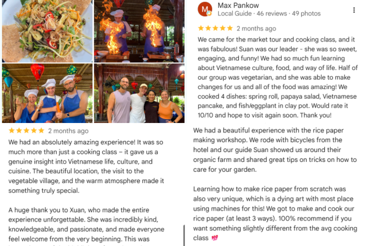 Customer reviews of Hoi An cooking classes, highlighting local food, market tours and hands-on cooking experiences