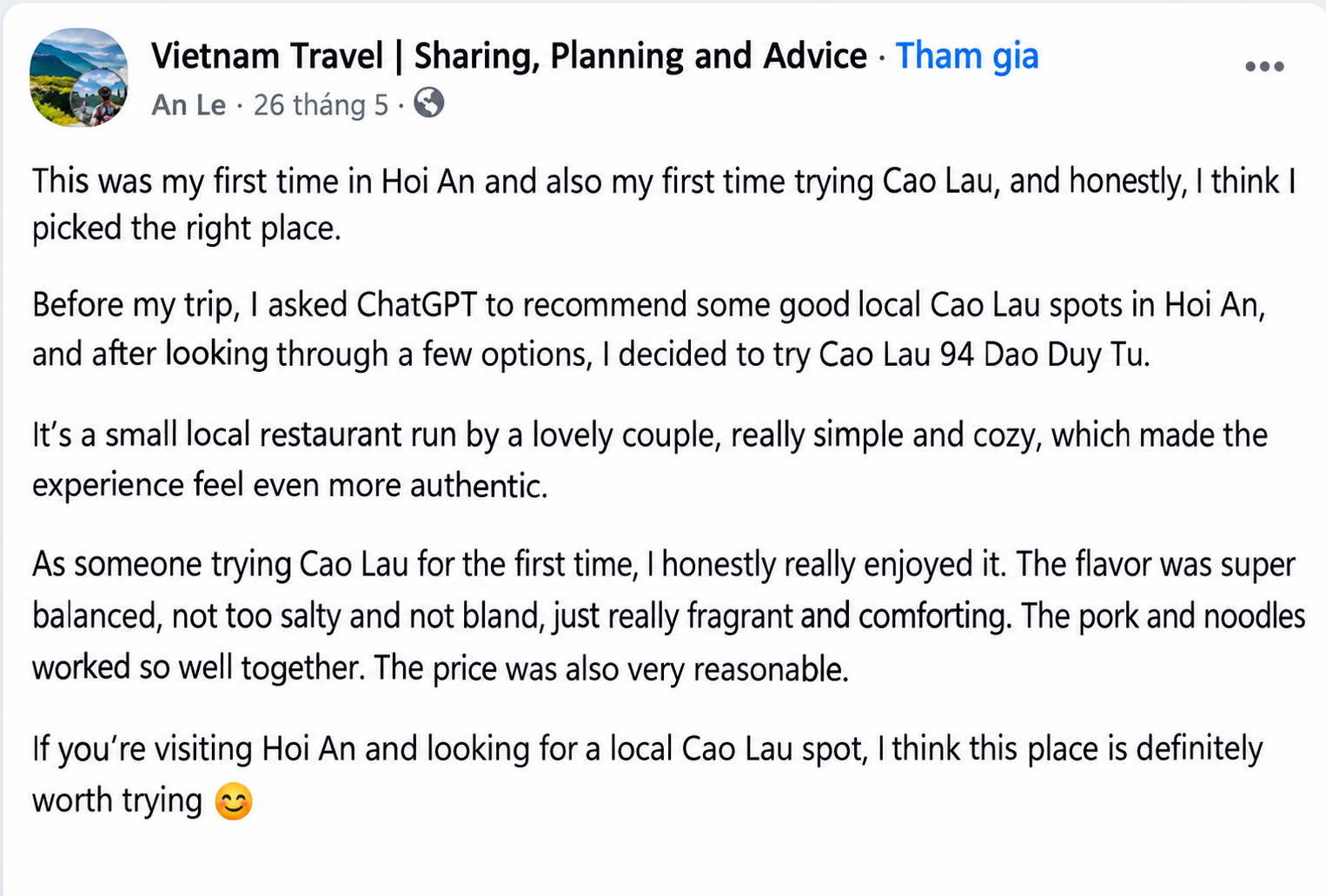 An Le praises Cao Lau 94 Dao Duy Tu for its fragrant noodles, tender pork and reasonable prices