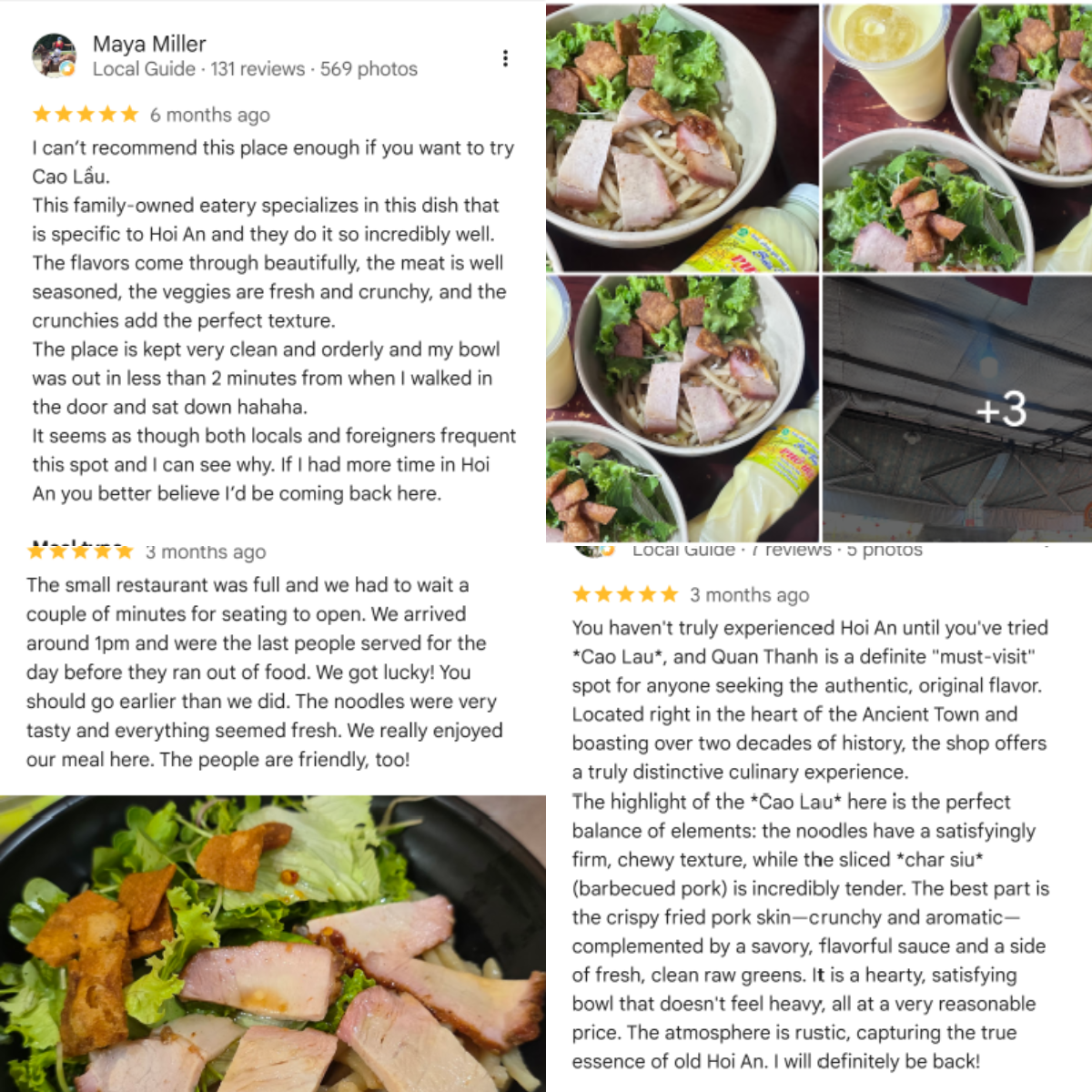 Customers praise the delicious, authentic Cao Lau at Quan Cao Lau Thanh