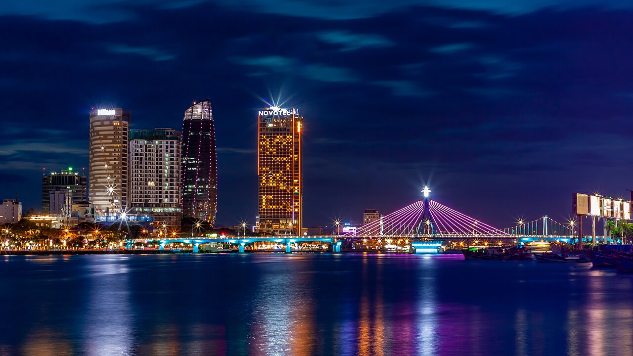 Da Nang bridges lit up over the Han River at night