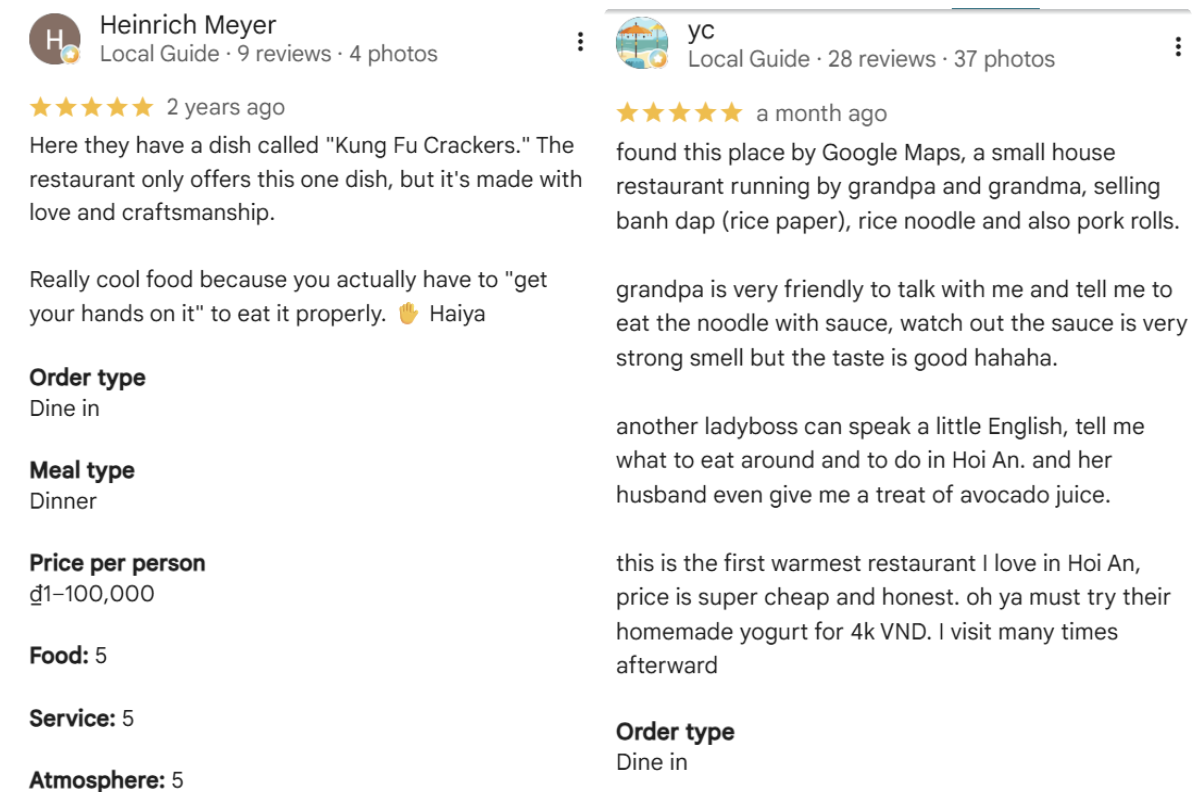 Reviews about banh dap on Google Map from international tourists
